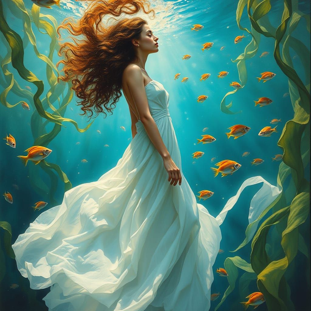 Ethereal Goddess in an Underwater Realm, in Impressionist St...