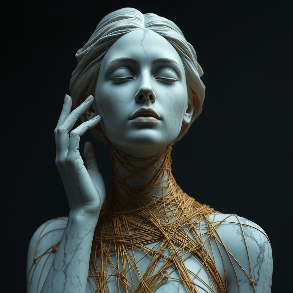 Hyperrealistic Marble Sculpture with Gold Yarn