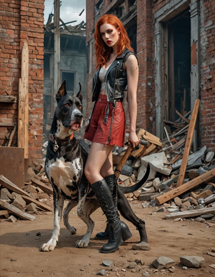 Daphne Blake, apocalyptic wanderer, muscular, voluminous red hair, black eyeliner, red lips, ripped jacket, bro...