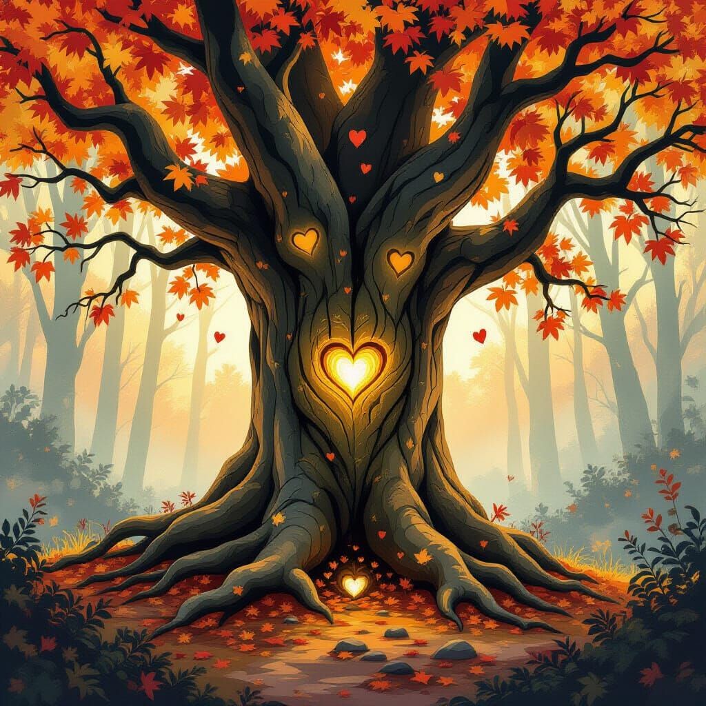 Ancient Autumn Tree in Sun-Dappled Forest