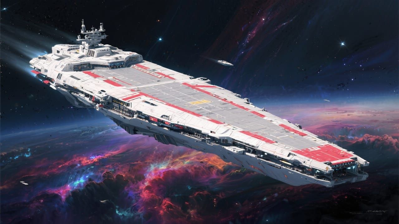 Futuristic Space Carrier Soaring Through Nebulas