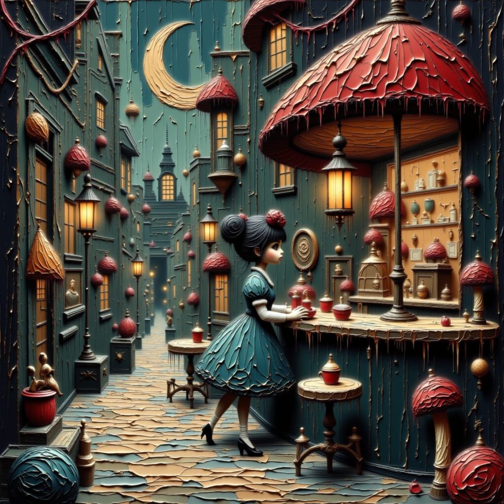 Alice Enters a Whimsical Tavern in Surreal Illustration Styl...