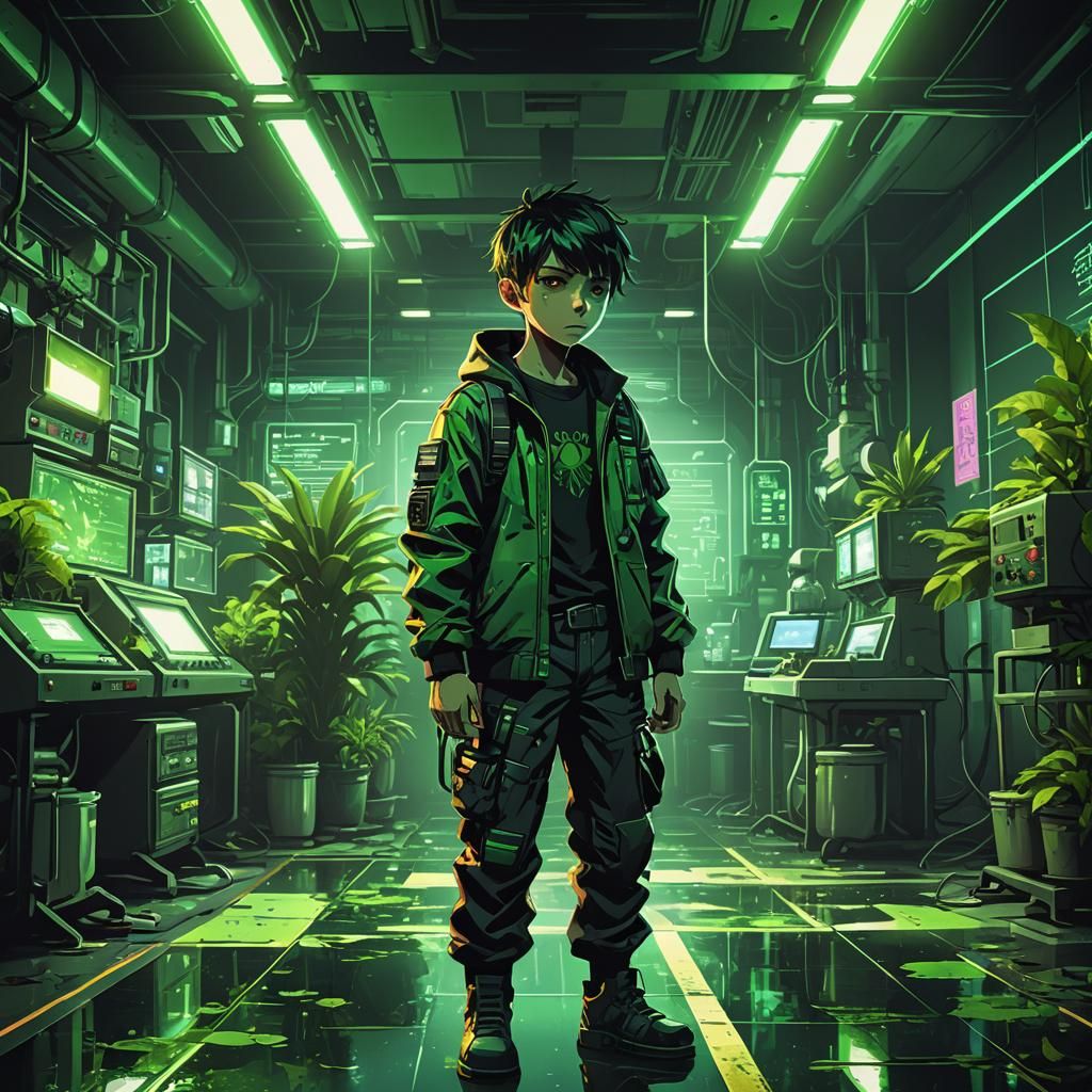 Toxic Boy Assembled in Futuristic Lab: Anime Style