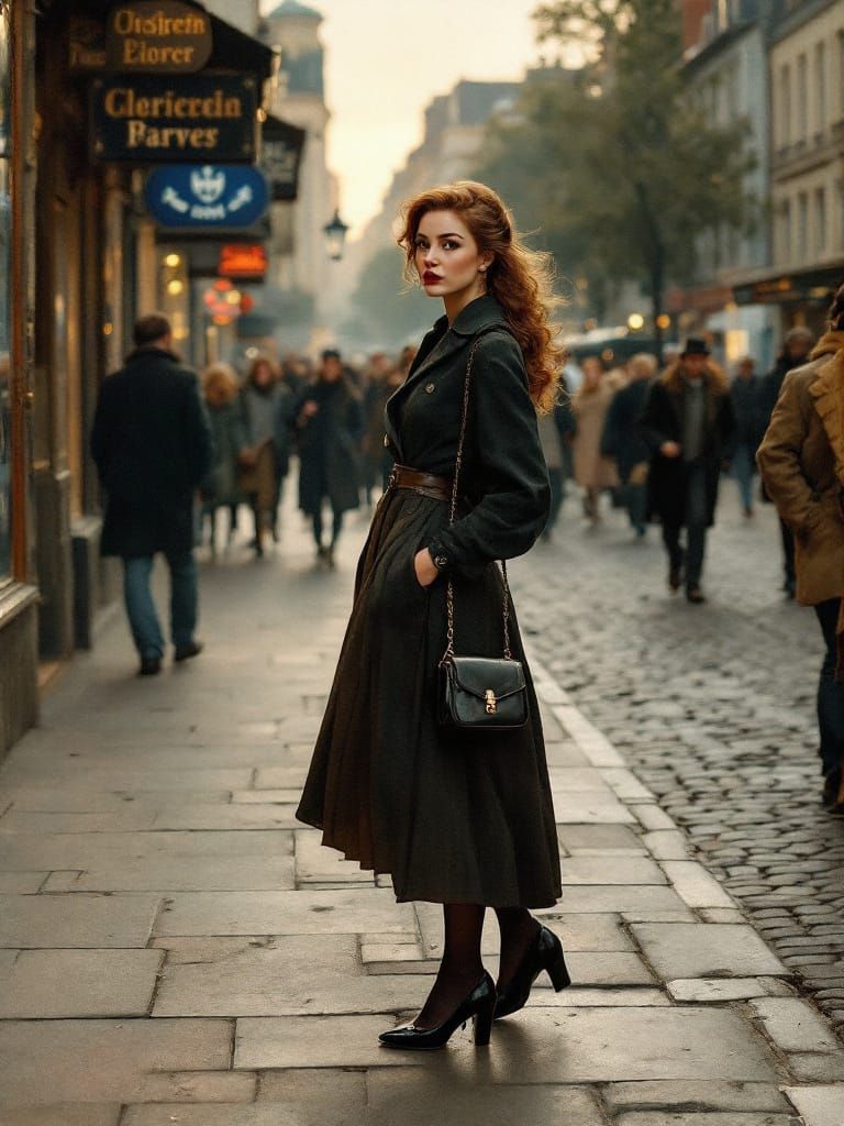 1950s Pin-Up Woman on Busy Sidewalk in Golden Hour Light