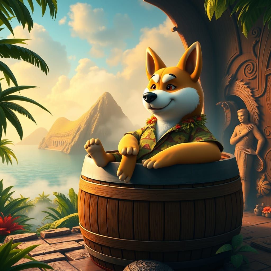 Dogecoin Character in Moana-Inspired Cedar Barrel Sauna Scen...