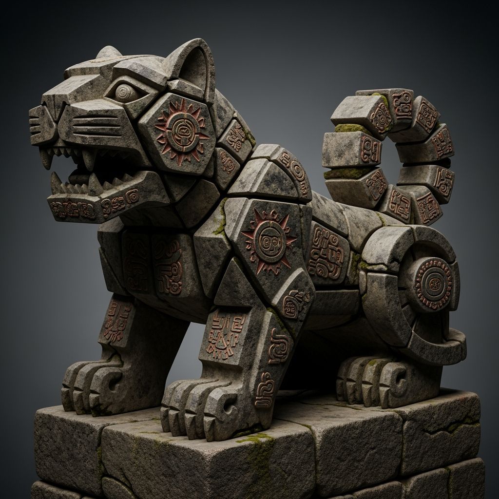 Aztec Jaguar Totem Sculpture in Cubist Style