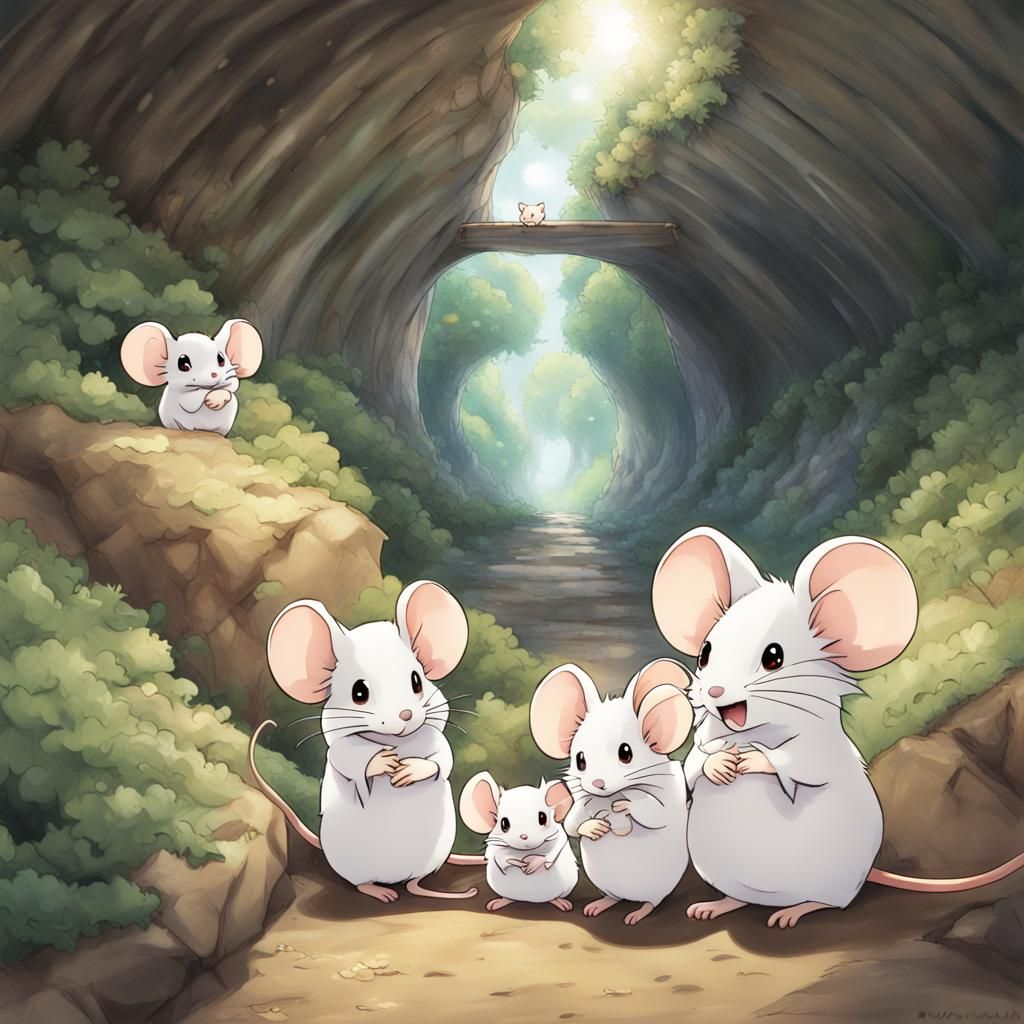 Happy Mice Family Living Under a Bridge: Anime Art
