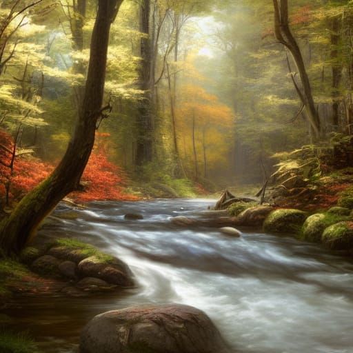 Vintage Painting of Forest Stream in Richards Style