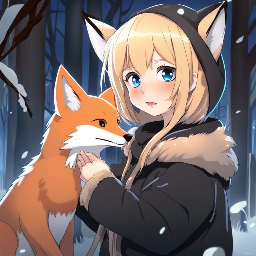 Anime Girl Petting a Fox in Manga Style
