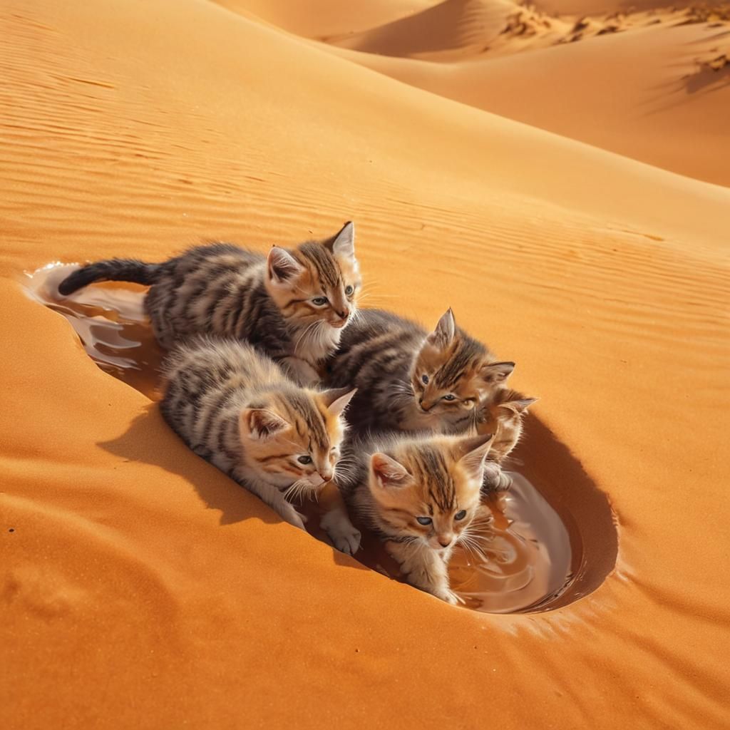 Kittens Drinking in Desert Oasis: Photorealistic Portrait