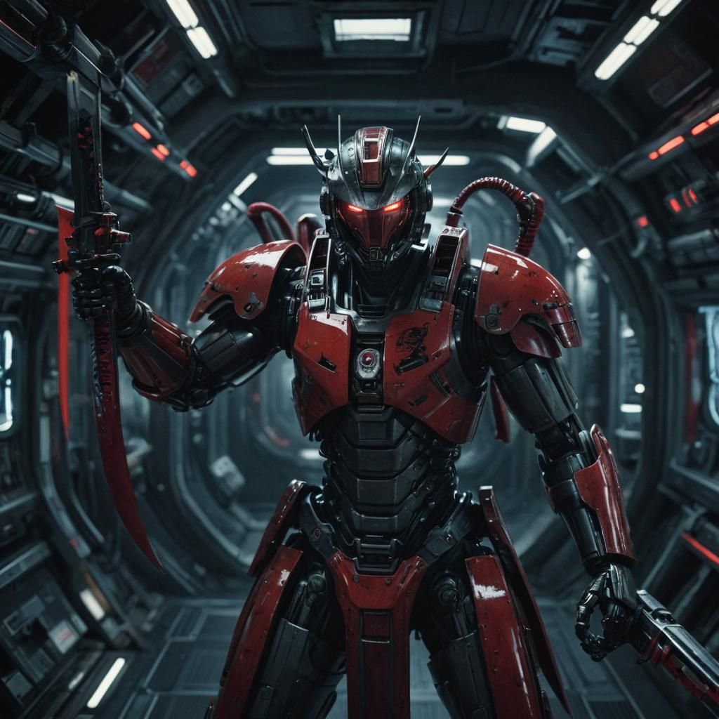 Robotic Samurai in Spaceship with Red Sword