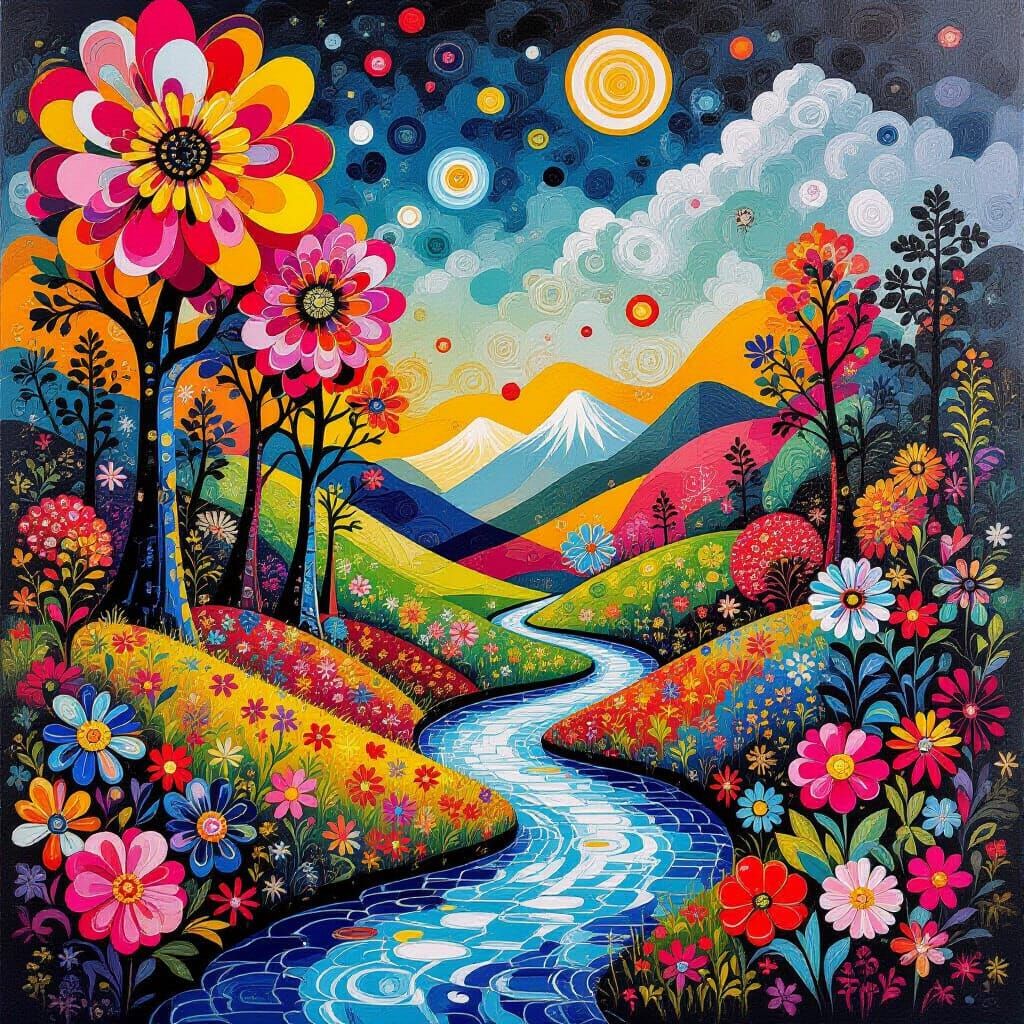 Vibrant Polychromatic Landscape Art in Mixed Media Style