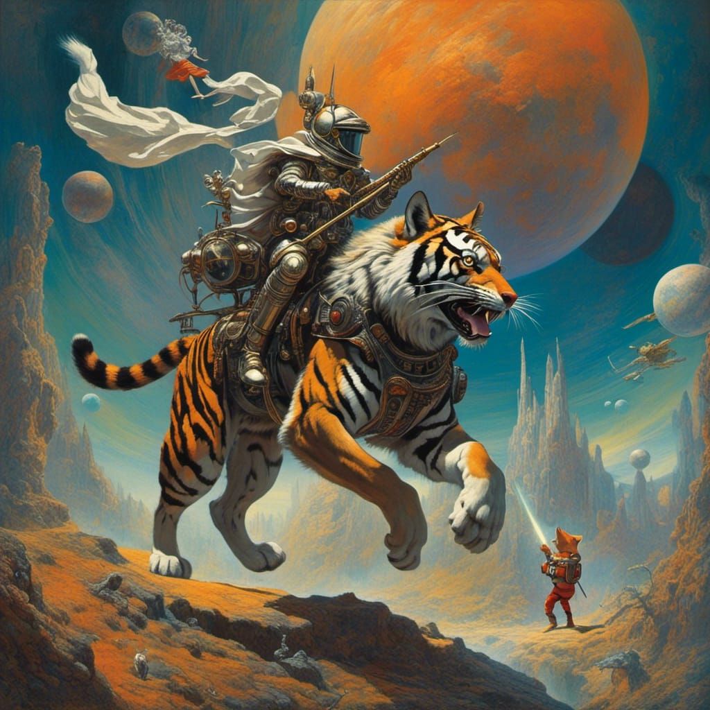 <lora:Red2:1.0> An anthropomorphic cat astronaut knight riding a four legged tiger on an alien planet