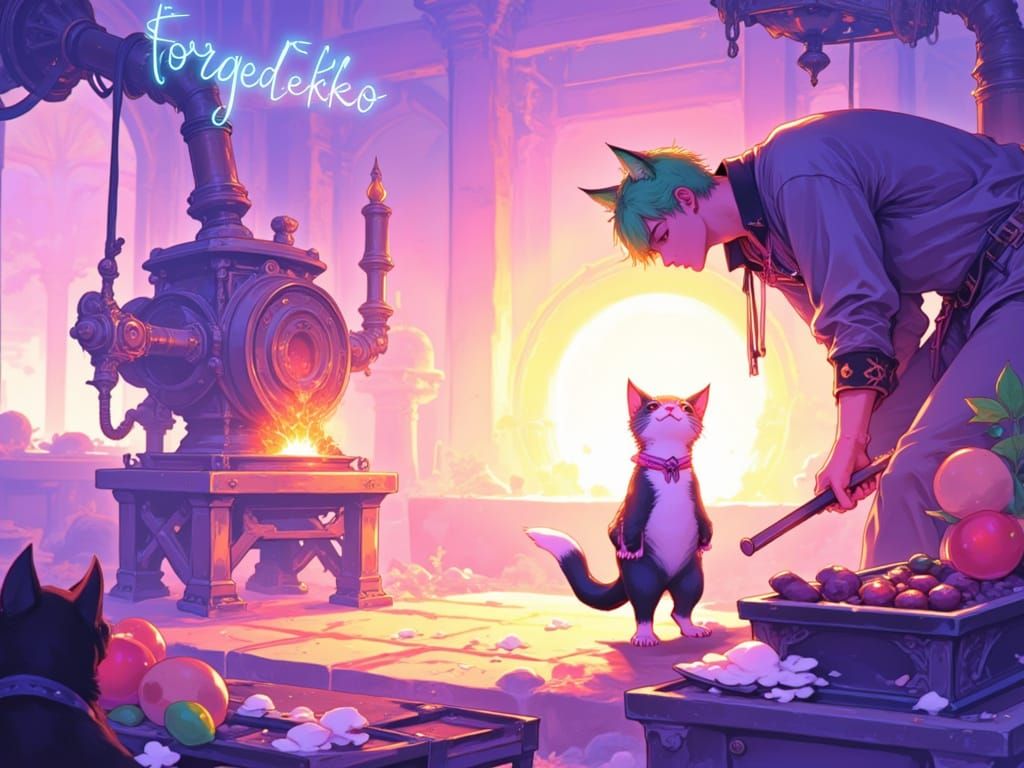 Anime Artificer's Workshop with Green-Haired Teen