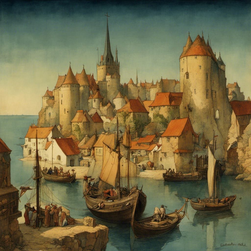 Medieval Port Town on Island, Vintage Illustration
