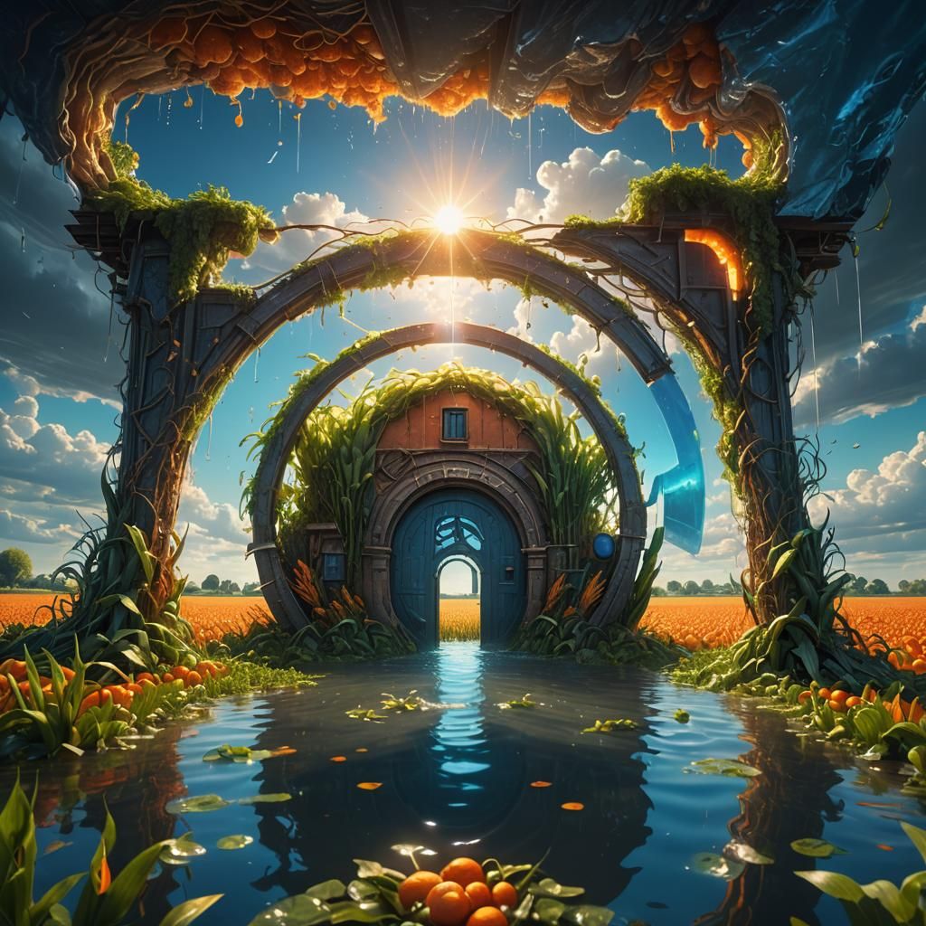 Flooded Farm with Dimensional Portal, Fantasy Concept Art