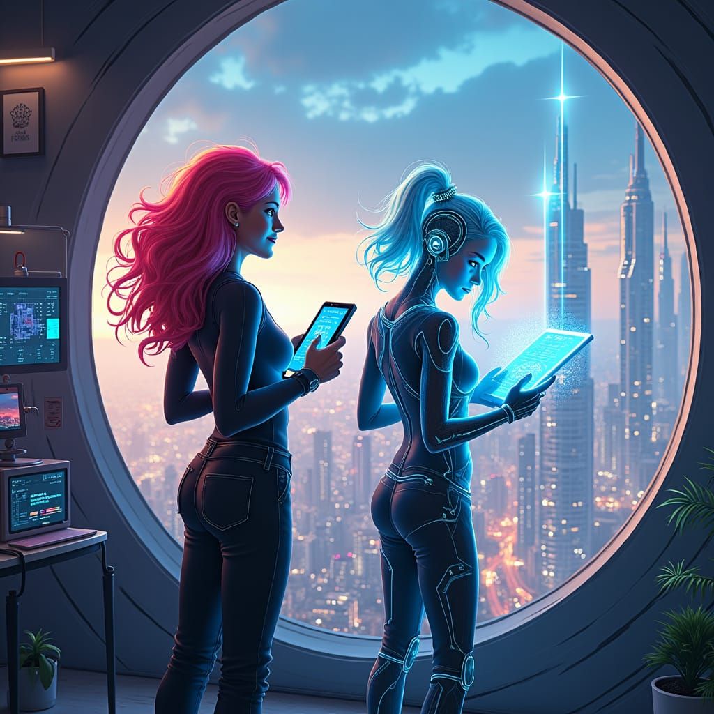 Futuristic Duo Gaze Over Metropolis in Concept Art Style