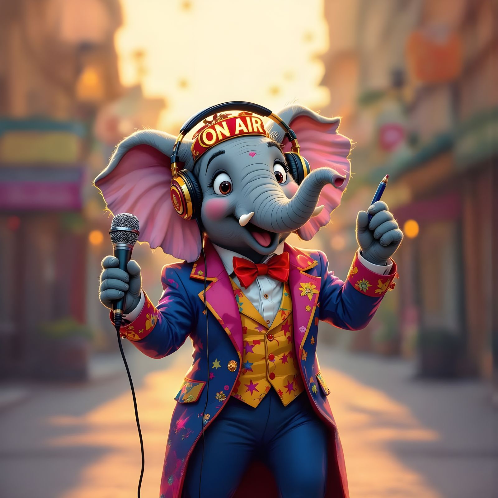 Dancing Elephant Actor with Microphone and Pen