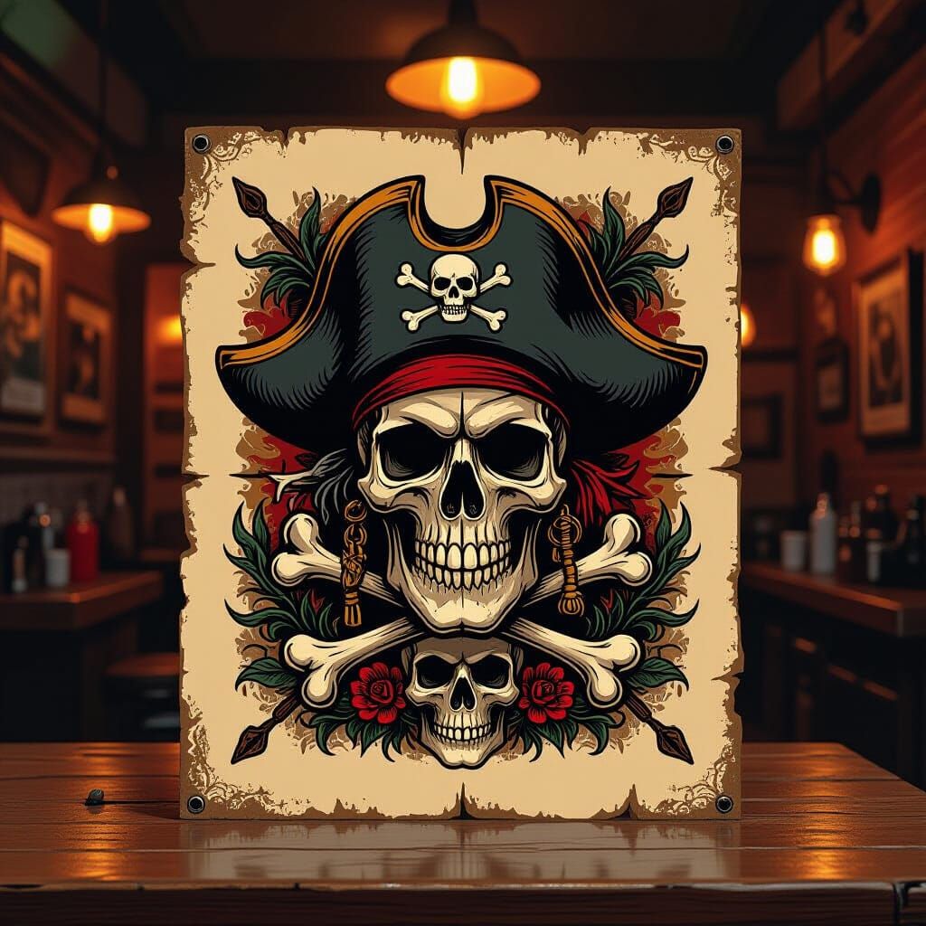 Jolly Roger Tattoo Flash Sheet in Oil Painting Style