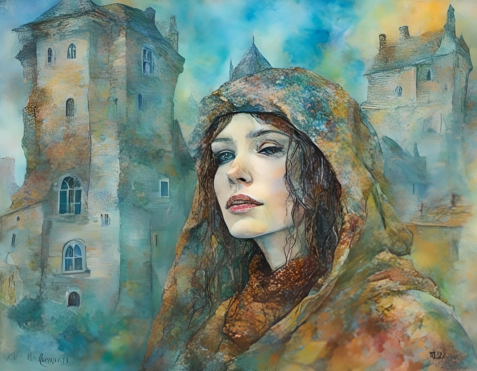 Woman in Medieval Gown with Dreamlike Color Fumes