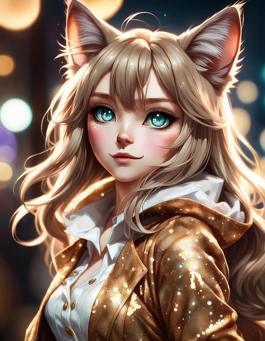 Groovy Disco Catgirl Portrait in Anime Style