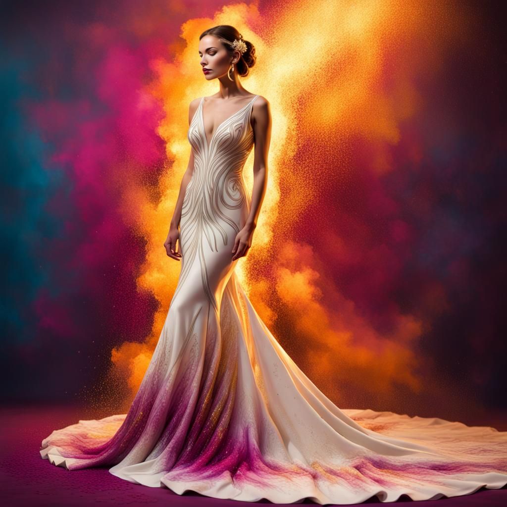 Art Nouveau Bride in Sparkling Dress with Fire Train