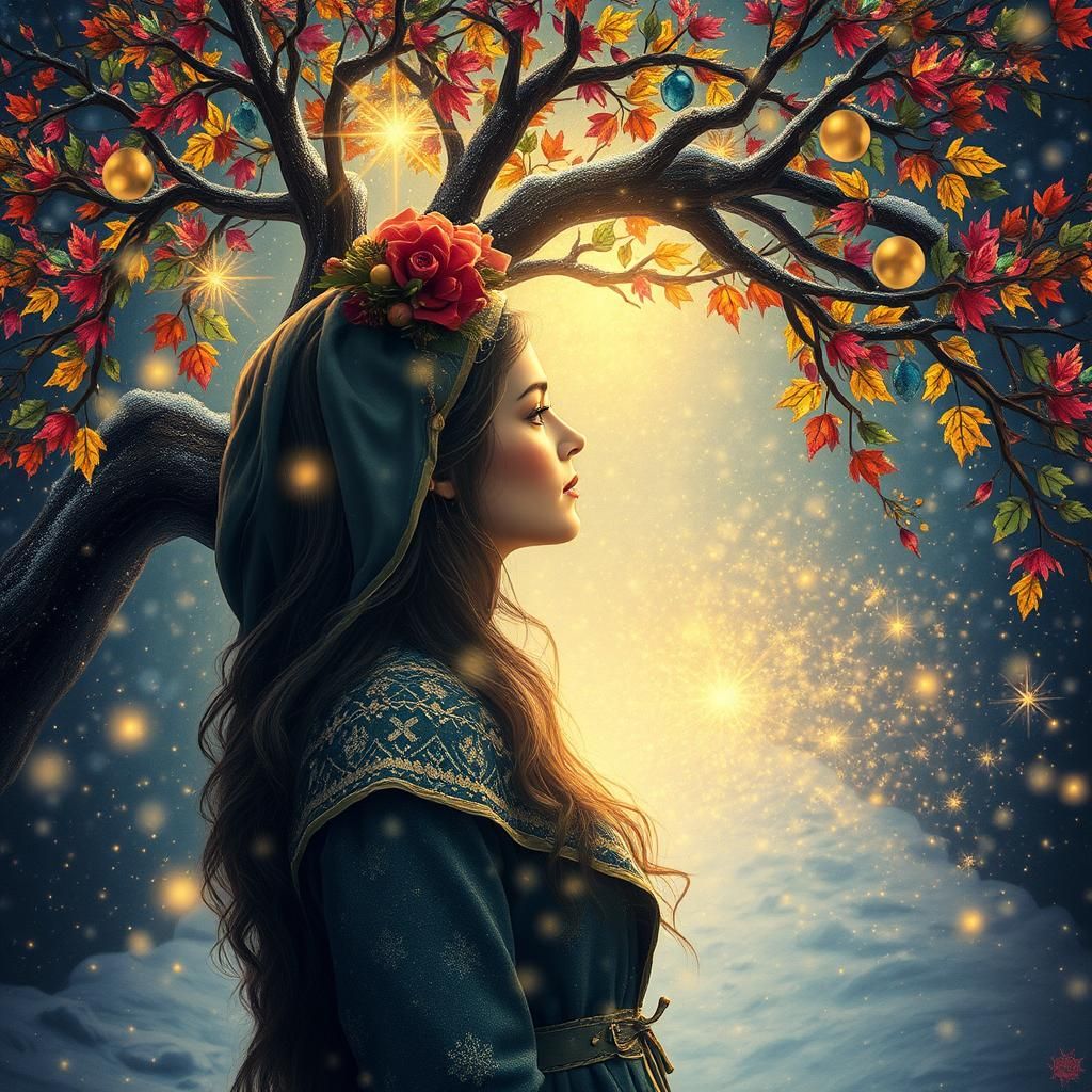 Radiant Woman in Glitter Tunnel as Chagall Painting