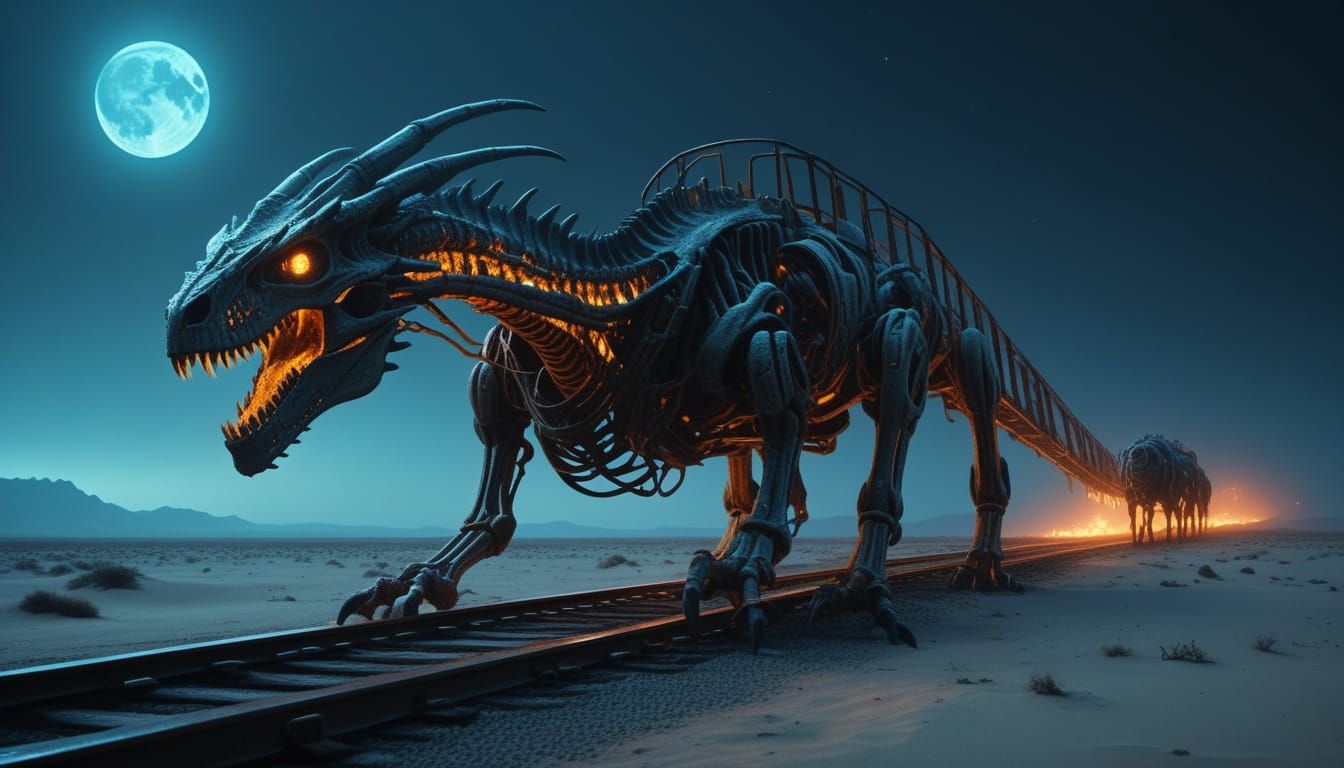 Colossal Skeletal Dragon-Train in Desert Wasteland