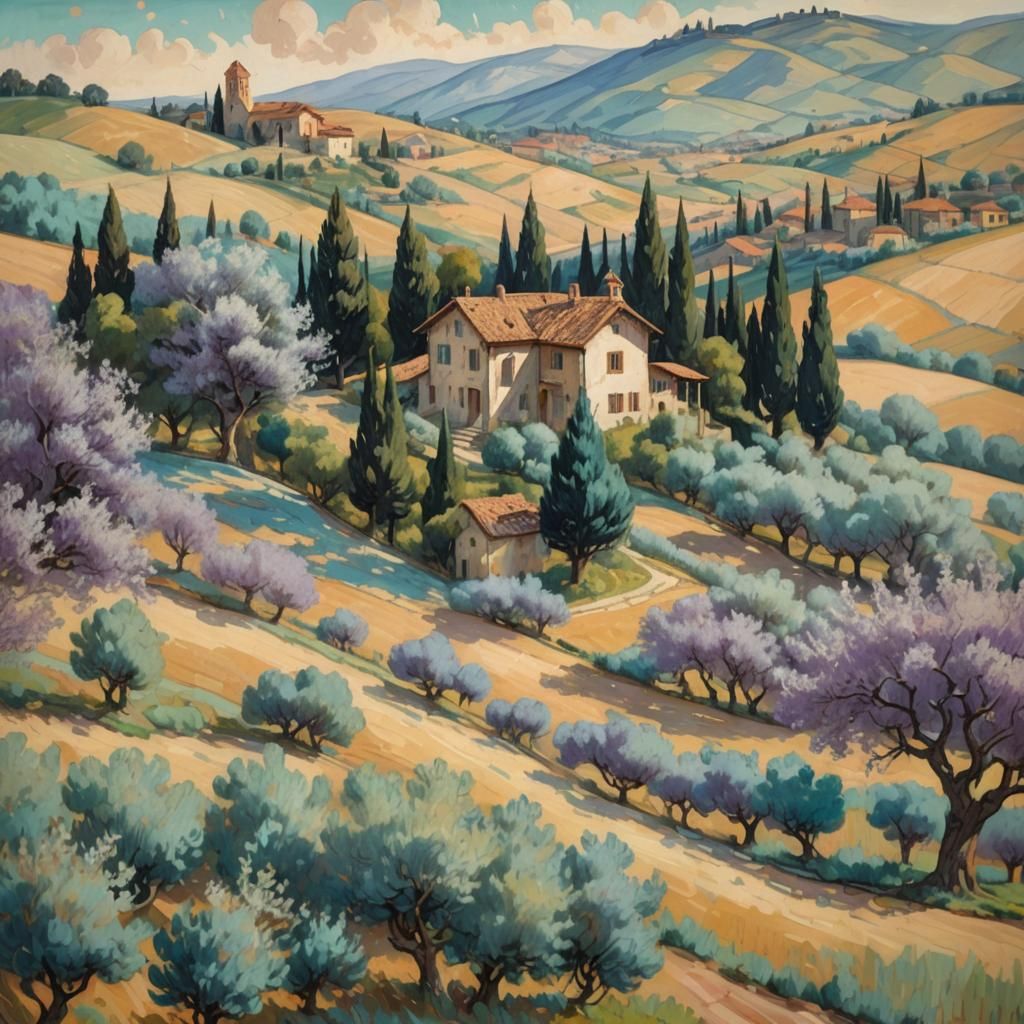 Italian Hillside House in Renaissance Painting Style