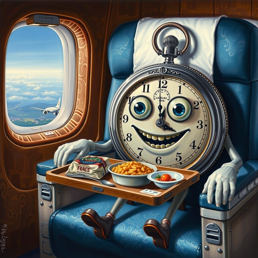Time Flies in an Airplane, a Surreal Magritte-Inspired Paint...