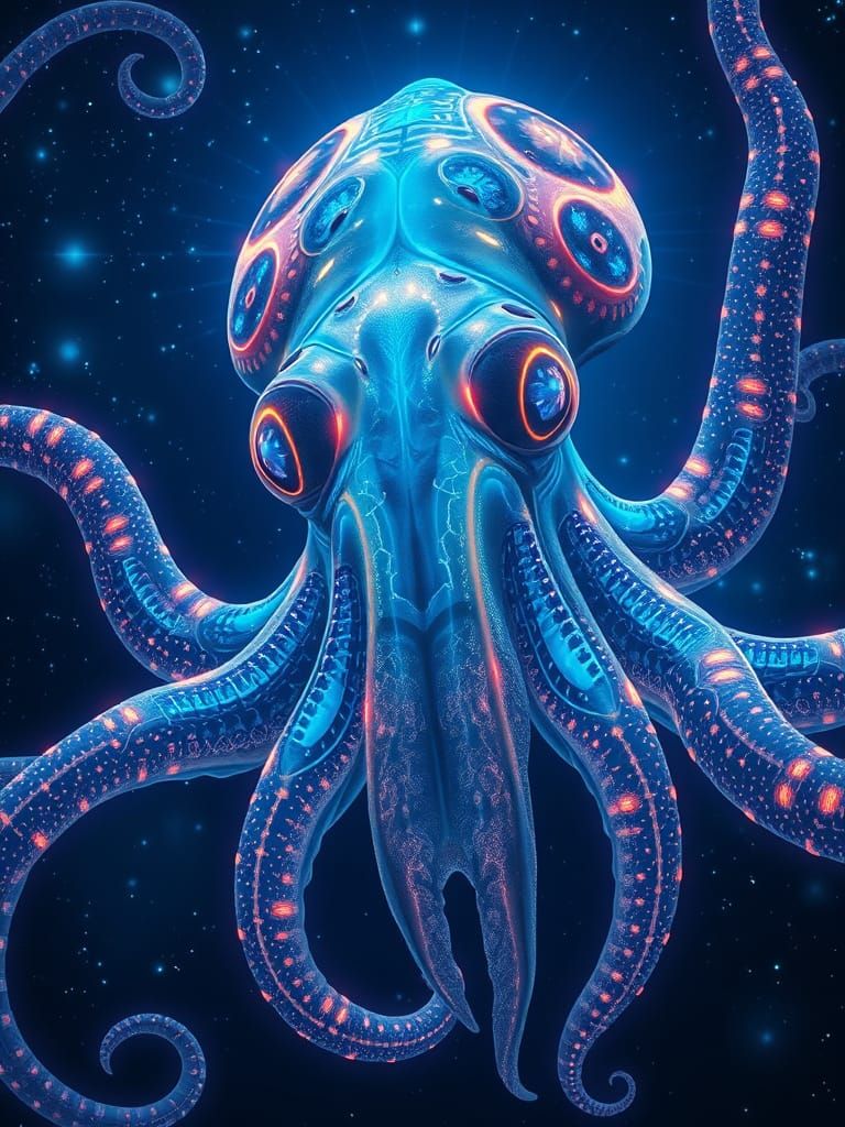 Bioluminescent Squid Portrait in a Futuristic Korean Style
