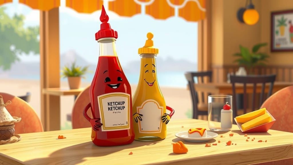 Anthropomorphic Condiment Friends on Sunny Restaurant Table