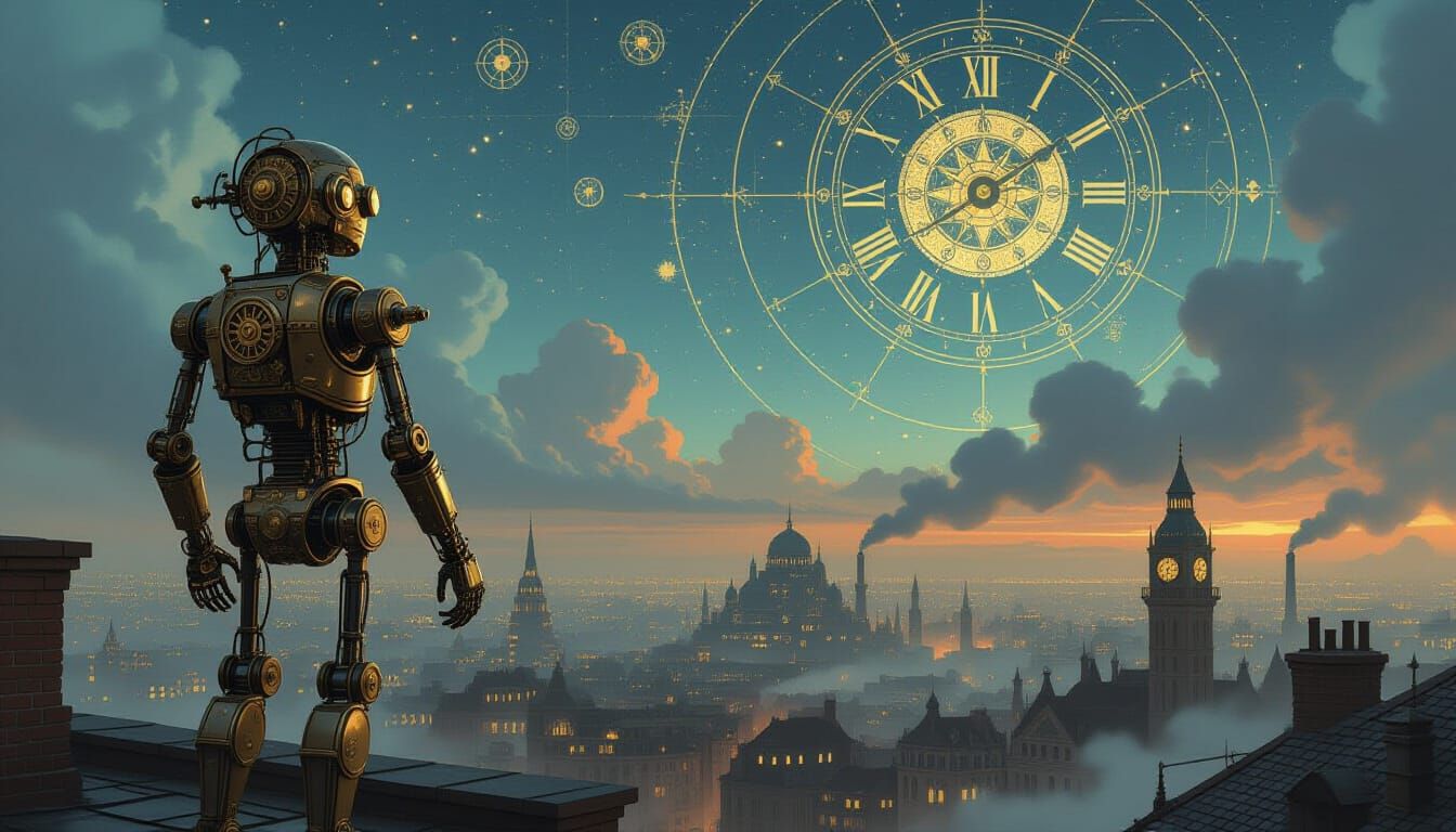 Steampunk Automaton Gazing at Clockwork Constellations