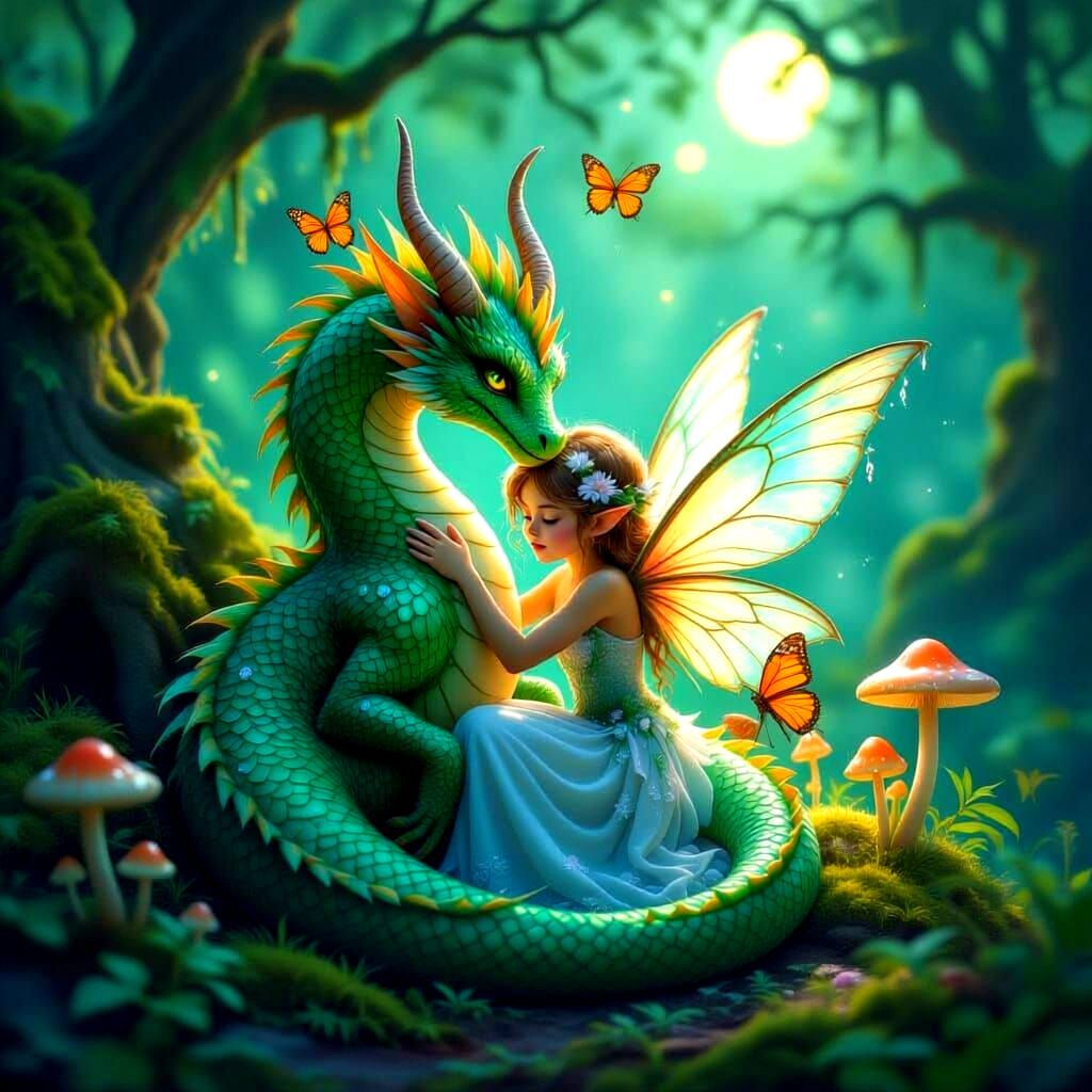 Fairy Hugs a Majestic Dragon in Enchanted Forest