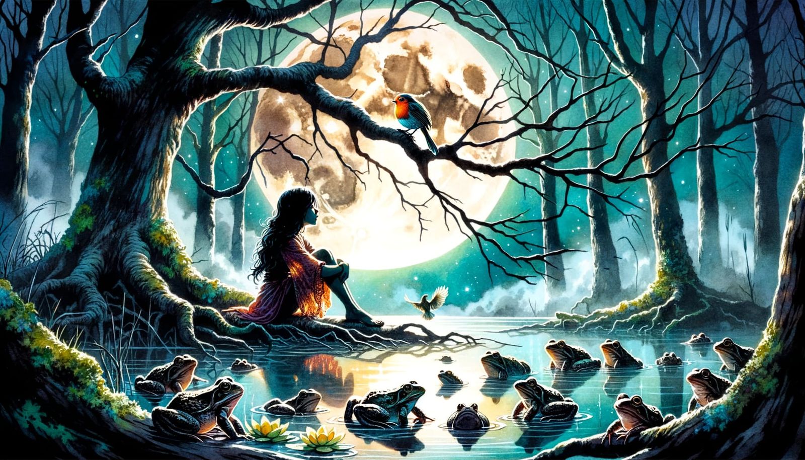 Eerie Moonlight Sonata with Woman and Frogs