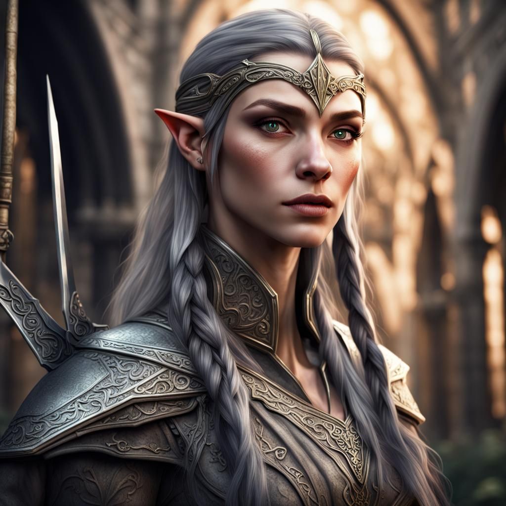 Noble Elven Bladesinger in Elven City: Hyperrealistic