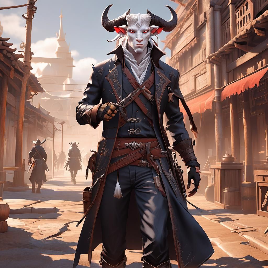 Tiefling Gunslinger in High Fantasy Photorealistic Style