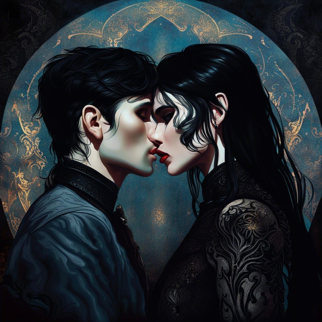 Gothic Brothers Kissing Girl: Noir Matte Painting