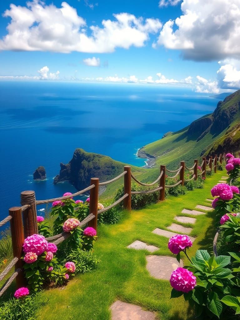 Serene Azores Landscape with Vibrant Hydrangeas and Ocean Vi...