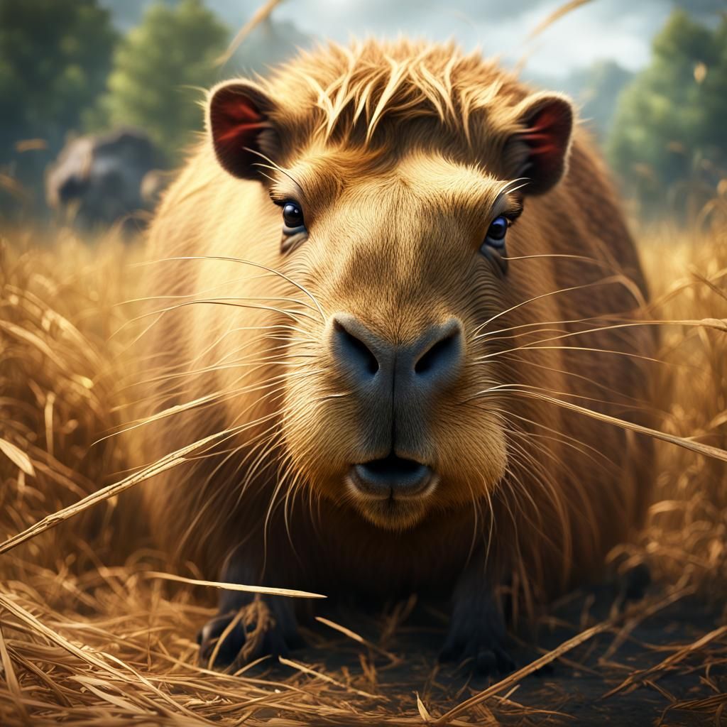 Angry Capybara Eating Hay in Detailed Matte Painting