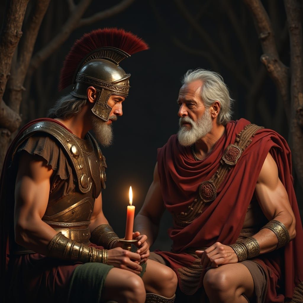 Ancient Greek Warrior in a Humble Stick House with a Grey-Ba...