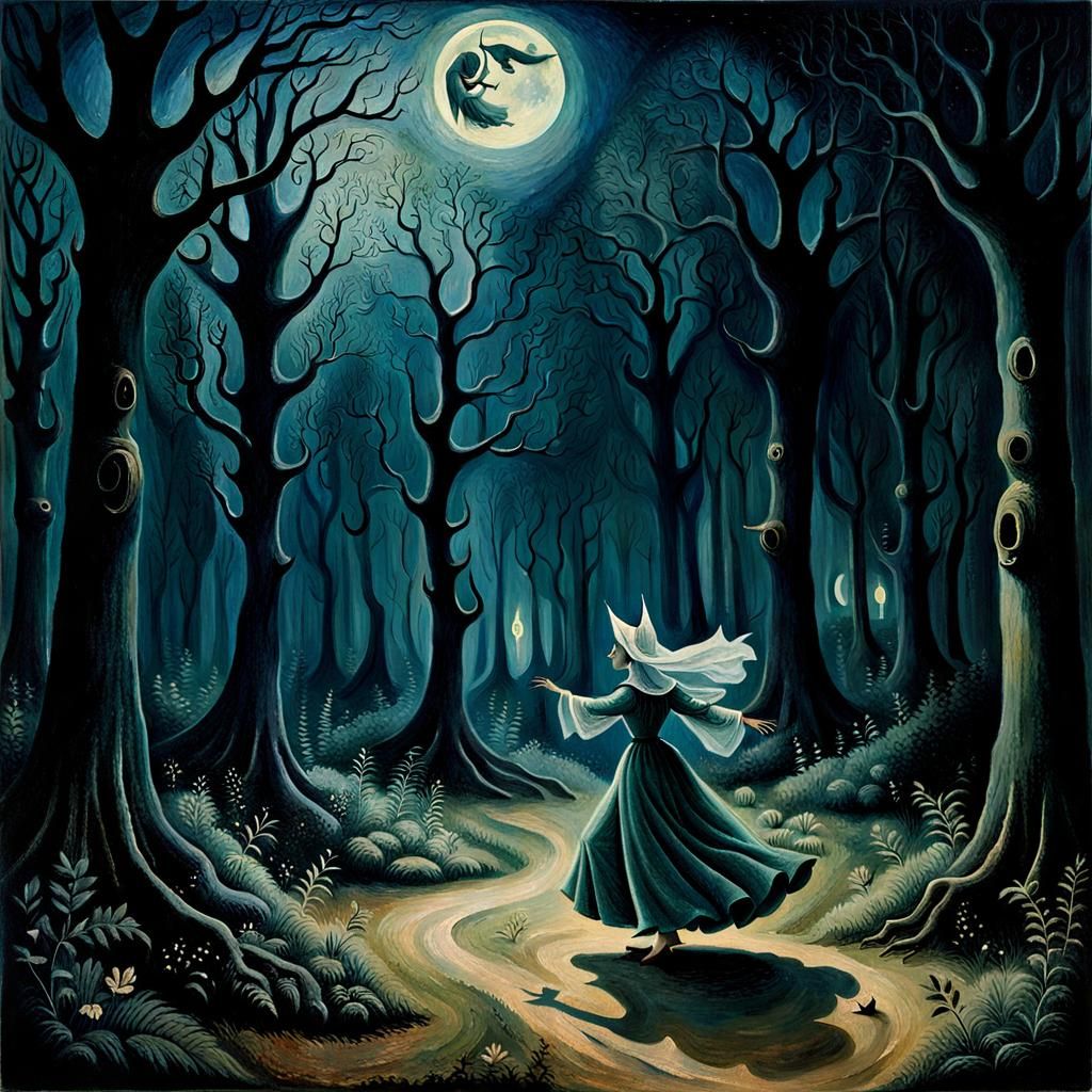 Eerie Dance in Enchanted Forest: Surreal Art