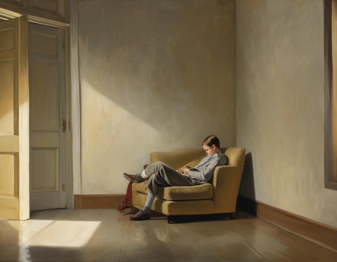 Child in Dim Room: Edward Hopper-Style Oil Painting