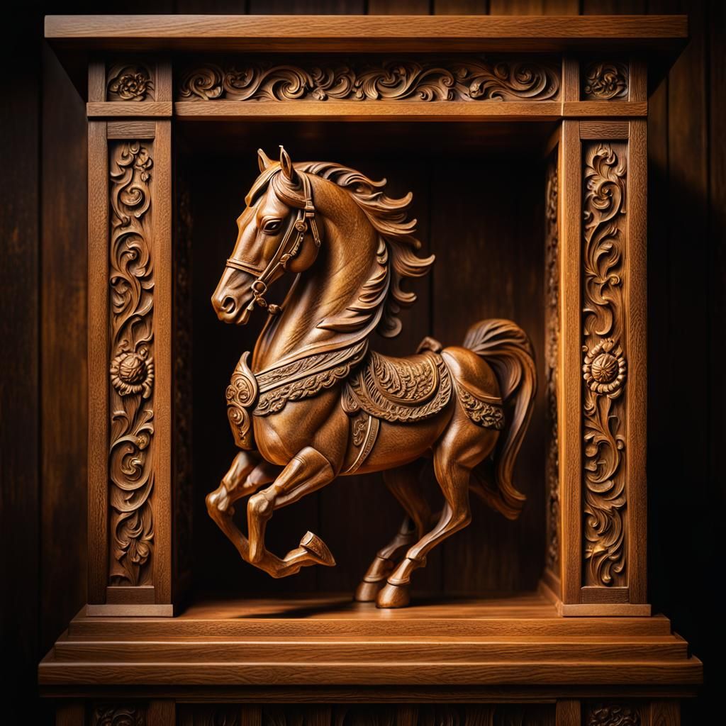 Ornate Carved Horse Statue in Golden Light