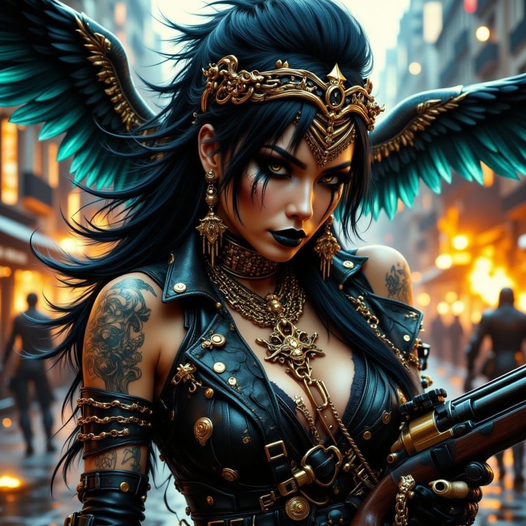 Cyber-Angel Chicana Pirate in Gothic Leather Ensemble