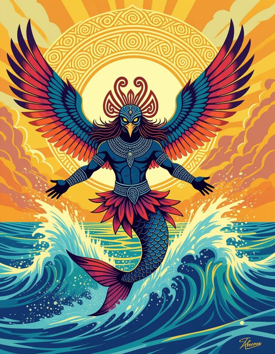 Manaia Creature Rises from Turbulent Sea in Maori Art Style