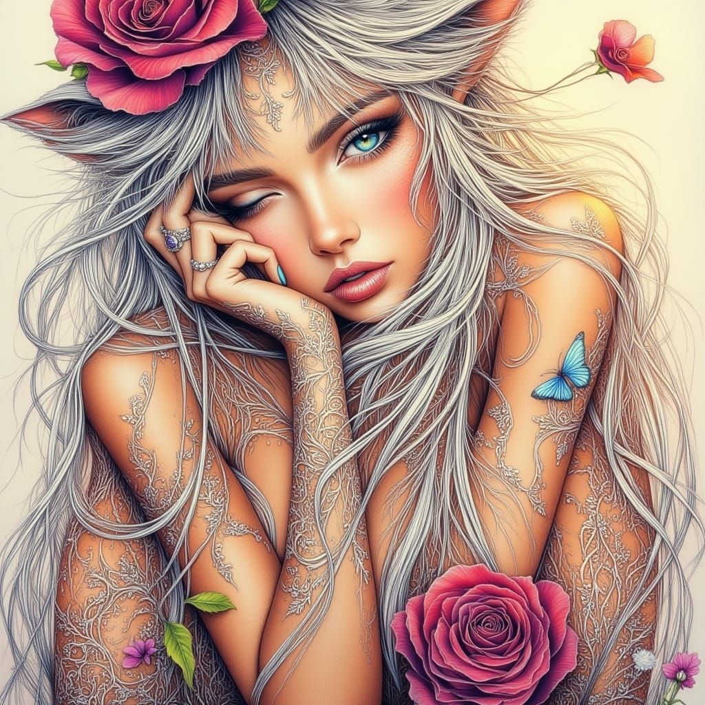 Majestic Cat-Woman in Bohemian Gouache Illustration