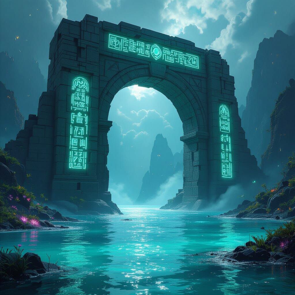 Submerged Stone Archway in Alien Ocean: Hyperrealism