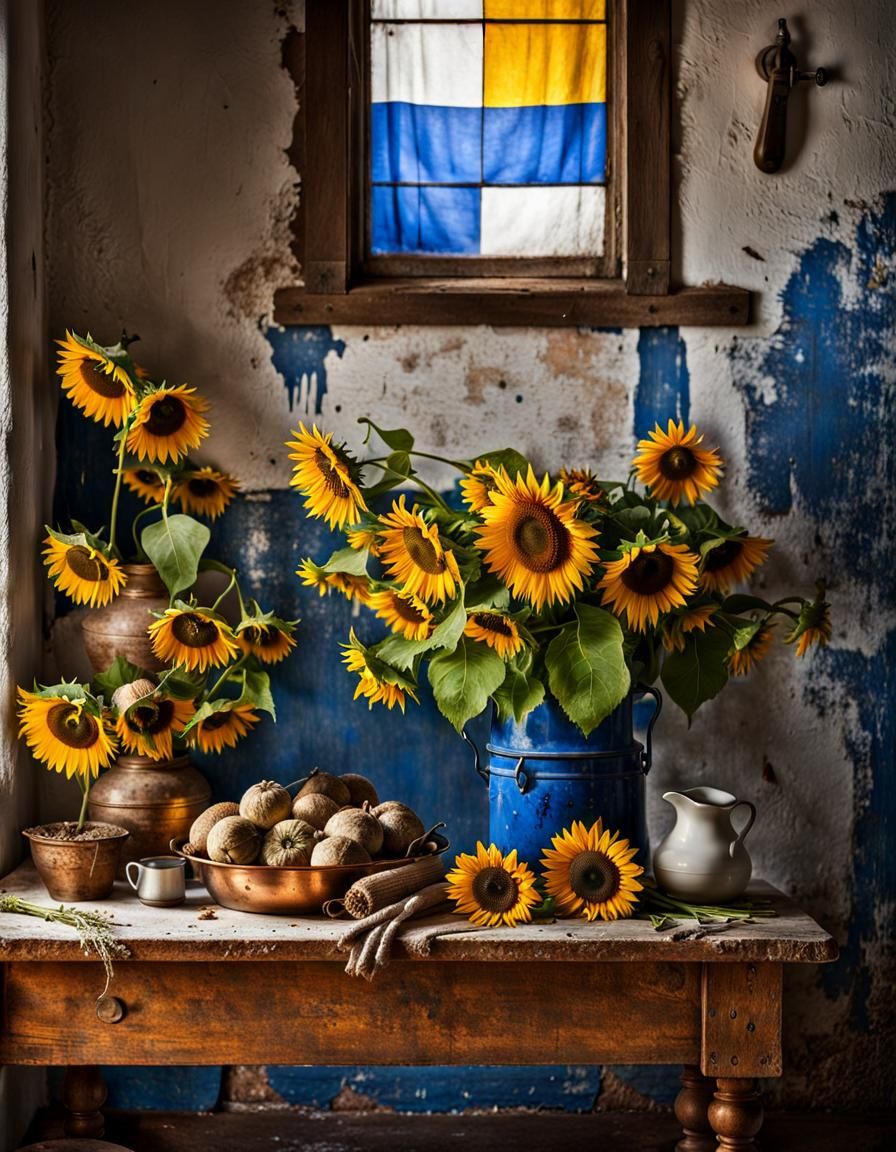 Sunflowers and Delft Blue Flowers Still Life