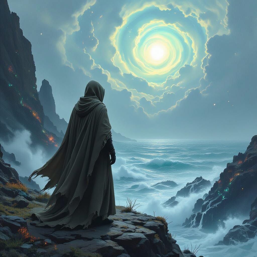 Ethereal Sci-Fi Figure Overlooking Alien Ocean